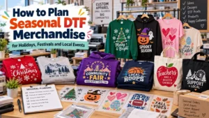 Seasonal DTF merchandise featuring custom printed T-shirts, hoodies and tote bags for Christmas, Halloween, festivals and local events.